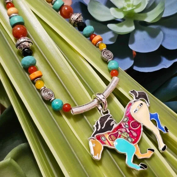 Artisan Hand Crafted Necklace Painted Horses Brown Suede Cord Colorful Beaded - Picture 12 of 12